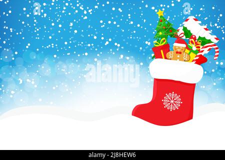 Blauer weihnachtlicher Hintergrund mit Schnee und roten Santa Socke. Vektorgrafik flach. Stock Vektor