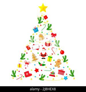Baumschmuck aus traditionellen Weihnachtselementen. Vektorgrafik flach. Stock Vektor
