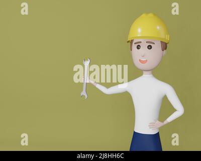 Cartoon Charakter Service Mann hält einen Schraubenschlüssel und zeigt Hand in Richtung. Industriearbeiter Mann präsentiert auf gelbem Hintergrund. 3D Rendering imag Stockfoto