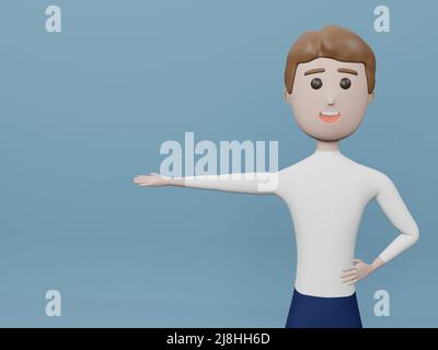 Zeichentrickfigur Mann zeigt Hand in Richtung. Mann präsentiert auf blauem Hintergrund. 3D Rendering des Bildes. Stockfoto