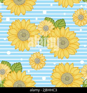 Nahtloses Muster aus Sonnenblumenblüten und Blättern. Vektor Stock Vektor