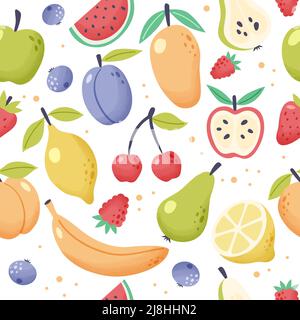 Sommerliches Fruchtmuster. Frische tropische und Gartenfrüchte Doodle, biologisch biologische vegane Nahrung. Niedliche Cartoon-Vektor-Illustration Stock Vektor