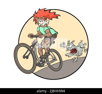 Kreative Illustration eines jungen Mannes, der ein Fahrrad fährt, lächelnd. Lustig wütend Hund läuft hinter, jagen einen Knochen. Cool Sport , Mountainbiken , furchtlos Stockfoto