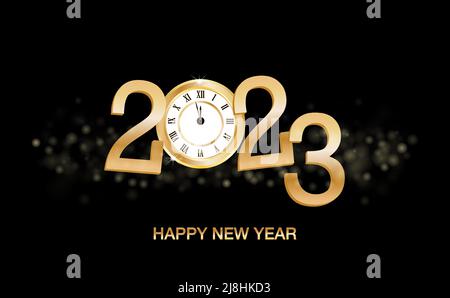 Frohes neues Jahr 2023 mit Luxus-Uhr Neujahr Glänzender Hintergrund mit Gold-Uhr. Stock Vektor