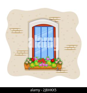 Fenster mit Blumen. Vintage-Fenster mit hängenden Blumengarten.Home Fenster und blühende Blüten auf Schweller.Haus Fassade mit Pflanzen in Blumentopf.Vektor Stock Vektor