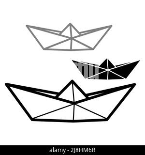 Satz von Vektorgrafiken von Papierbooten-Symbolen. Skizzieren Sie einfache und Silhouette Papier Boot isoliert auf weißem Hintergrund. Symbol für Reisen und Meer. Stock Vektor