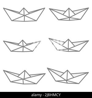Satz von Vektorgrafiken von Papierbooten-Symbolen. Skizzieren Sie einfache Papierboot isoliert auf weißem Hintergrund. Symbol für Reisen und Meer. Stock Vektor