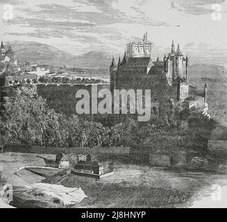 Spanien, Segovia. Der Alcazar. Panoramablick von der Fuencisla. Gravur, 19. Jahrhundert. Stockfoto