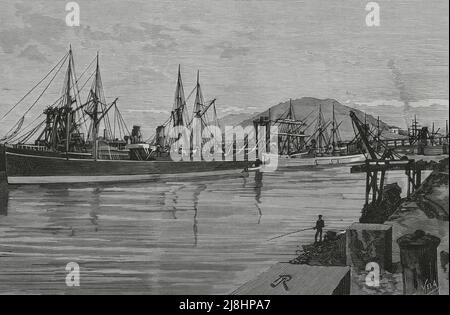 Spanien, Baskenland. Bergbauindustrie in Biskaya. Mündung von Bilbao. Orconera wird in Luchana geladen. Stich von Vela, 1882. Stockfoto