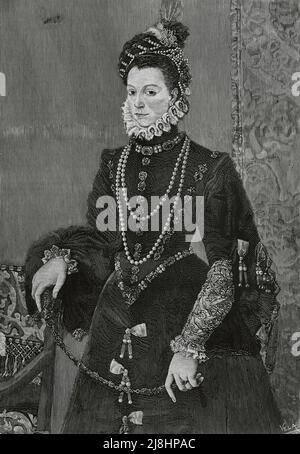 Elisabeth von Valois (1546-1568). Dritte Frau von König Philipp II. Von Spanien und Königin Gemahlin von Spanien. Stich von Vela, 1882. Stockfoto