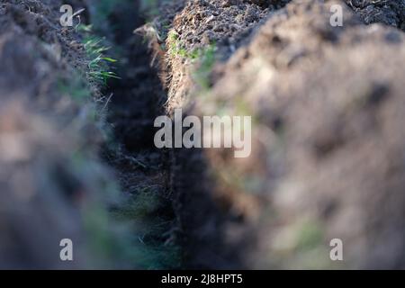 Erdgraben für Elektro- oder Internetkabel auf der Baustelle Stockfoto