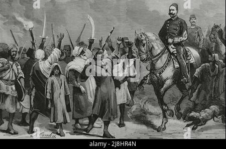 Militärische Intervention und Eroberung Ägyptens durch die Briten. Der ägyptische Staatschef Ahmed 'Urabi oder Ahmed Orabi (1841-1911), der seine Truppen anführte, auf dem marsch zum befestigten Lager von Kafr Dowar. Gravur, 1882. Stockfoto