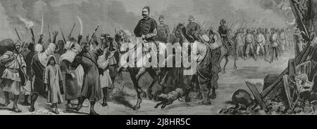 Militärische Intervention und Eroberung Ägyptens durch die Briten. Der ägyptische Staatschef Ahmed 'Urabi oder Ahmed Orabi (1841-1911), der seine Truppen anführte, auf dem marsch zum befestigten Lager von Kafr Dowar. Gravur, 1882. Stockfoto