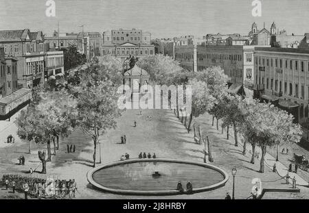 Ägypten, Alexandria. Konflikt. Fremdenfeindliche Bewegung, 11. Juni 1882. Blick auf den Konsulsplatz, dem Schauplatz der blutigen Szenen vom 11. Juni. Gravur, 1882. Stockfoto