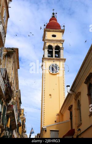 Korfu-Stadt (Kerkyra) - UNESCO-Weltkulturerbe in Griechenland. Kirche des heiligen Spyridon in der Altstadt von Korfu. Stockfoto