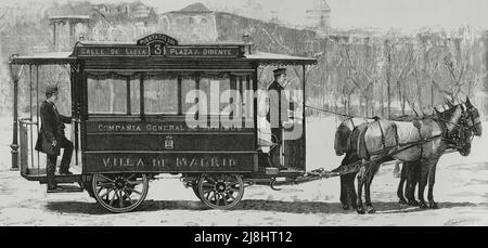 Spanien, Madrid. Waggons-Modell für die neue Rippert Omnibus-Linie. Gravur, 1882. Stockfoto
