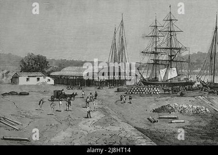 Hispaniola (La Española). Santo Domingo. La Enramada Dock und Zoll. Gravur, 1882. Stockfoto