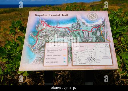 Karte des Kapalua Coastal Trail im Westen der Insel Maui, Hawaii Stockfoto