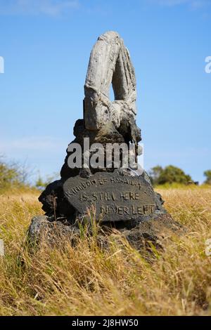 Skulptur, die behauptet, das Königreich Hawaii sei immer noch hier und nie verlassen', im South Point Park, dem südlichsten Punkt der Vereinigten Staaten auf dem Big IS Stockfoto