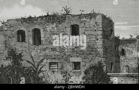 Hispaniola (jetzt Dominikanische Republik), Santo Domingo. Ruinen des ehemaligen Hauses von Diego Columbus (1479-1526), Sohn von Christopher Columbus. Gravur, 1882. Stockfoto