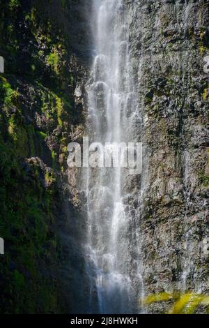 Waimoku Falls am Ende des Pipiwai Trail im Haleakala National Park auf der Straße nach Hana, östlich der Insel Maui, Hawaii, USA Stockfoto