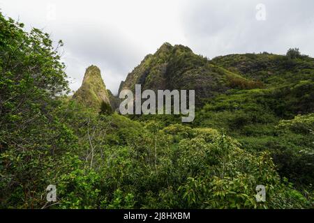 IAO Needle State Monument im IAO Valley im Westen der Insel Maui auf Hawaii, USA Stockfoto