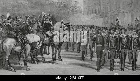 Reise nach Portugal der Könige von Spanien, Alfonso XII und Maria Cristina de Habsburgo-Lorena. Lissabon. Parade des Matrosenbataillons vor den Monarchen. Gravur, 1882. Stockfoto