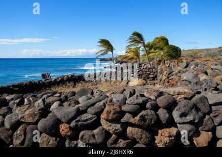 Ruinen der traditionellen hawaiianischen Häuser (Hale) im alten Fischerdorf des Lapakahi State Historical Park auf der Insel Hawai'i (Big Island) Stockfoto