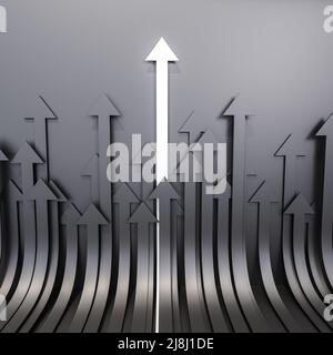 Weißer Pfeil zwischen grauen Pfeilen. 3D Rendern Stockfoto