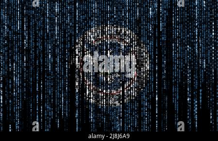 Flagge der DHS (USA) auf einem Computer Binärcodes fallen von oben und verblassen weg. Stockfoto