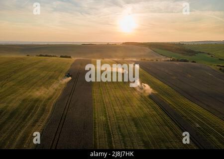 Luftaufnahme der Mähdrescher, die während der Erntezeit auf einem großen, reifen Weizenfeld arbeiten. Agrarkonzept Stockfoto