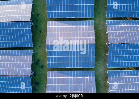 Luftaufnahme eines großen nachhaltigen Elektrokraftwerks mit Reihen von Photovoltaik-Solarmodulen zur Erzeugung sauberer ökologischer elektrischer Energie Stockfoto