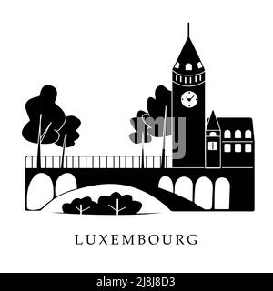 Europäische Hauptstädte, Luxemburg. Schwarz-Weiß-Abbildung Stock Vektor