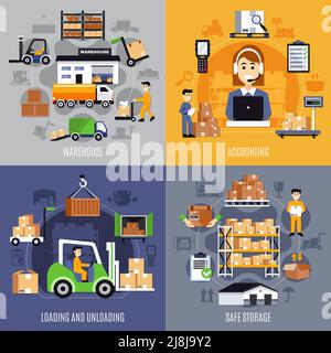 Vier Quadrate Lager flach Konzept Set mit Buchhaltung Beladung und Vektordarstellung „Entladen und sichere Lagerung“ Stock Vektor