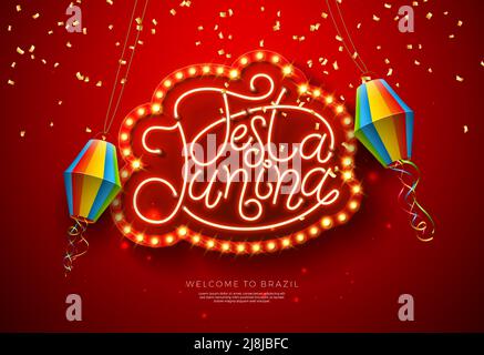 Festa Junina Illustration mit Papierlaterne, fallenden Konfetti und leuchtenden Neon Light Schriftzug auf Red Light Bulb Billboart Hintergrund. Vector Brasilien Stock Vektor