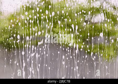 Abstrakter nasser Glashintergrund. Regen Sie auf ein Glasfenster mit unscharfer Baumuntermalung. Regentropfen auf einem nebligen Fenster. Glas in Seifenstreifen und Flecken. T Stockfoto