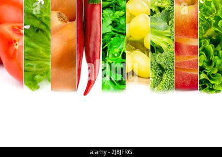Foto von abstraktem Obst- und Gemüsemix mit weißem Raum für Text Stockfoto