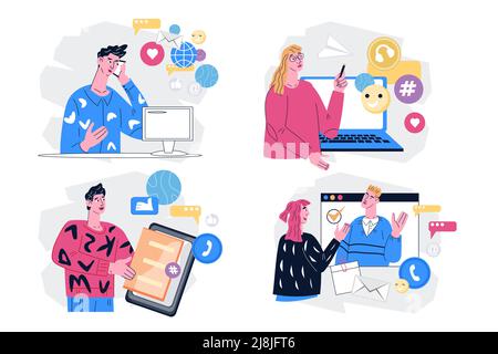 SMM Social Media Manager Zeichensatz. Social-Media-Marketing, Content-Management. Stock Vektor