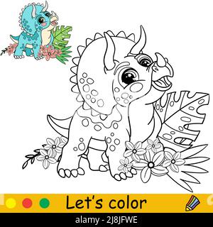 Cartoon niedlichen Baby Dinosaurier Triceratops mit tropischen Pflanzen. Malbuch Seite mit bunten Vorlage für Kinder. Vektor-isolierte Illustration. Für Spalte Stock Vektor