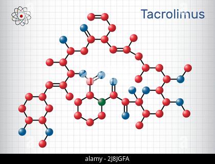 Tacrolimus, FK-506 oder Fujimycin-Molekül. Es ist ein potentes immunsuppressives Mittel. Molekülmodell. Blatt Papier in einem Käfig. Vektorgrafik Stock Vektor