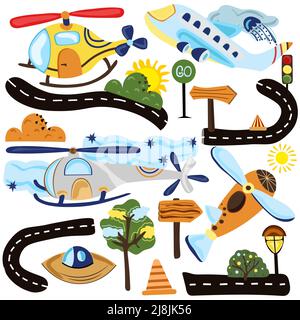 Sammlung verschiedener Arten von Lufttransport, Hubschrauber, Straße, Ampel, Wolken und Baum. Cartoon-Symbole auf weißem Hintergrund. Vektorgrafik. Stock Vektor