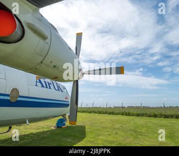 Norwich, Norfolk, Großbritannien – Mai 14 2022. Mittelgroße airbus-Passagierflugzeuge im Luftfahrtmuseum. Stockfoto