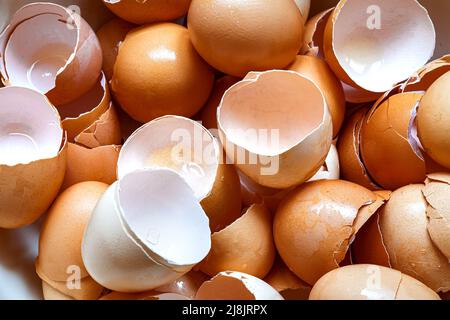 Ein Haufen zerbrochener brauner Eierschalen, ein Haufen zerbrochener Eier ohne Eiweißgehalt Müll nach dem Kochen Rühreier aus der Nähe Draufsicht. Stockfoto