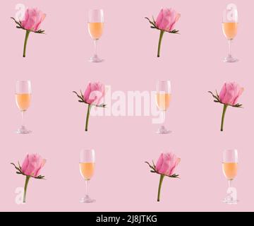 Muster mit Weingläsern und rosa Rosenblüten auf rosa Hintergrund. Minimalkonzept für den Frühling. Stockfoto