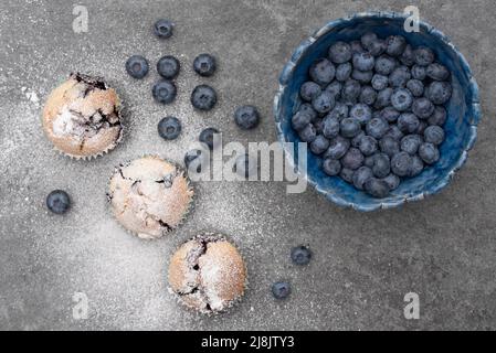 Auf den ersten Schuss einer hausgemachten blauen Tonschüssel gefüllt mit frischen Blaubeeren. Daneben befinden sich Blaubeer-Muffins, die mit Puderzucker bestreut sind. Stockfoto