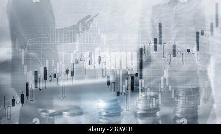 Analysekonzept. Finanzdiagramm zur doppelten Belichtung im Hintergrund der Stadtlandschaft Stockfoto