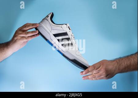 Belgrad, Serbien - 11. Mai 2022. Hände mit neuen Adidas Tennisschuhen auf blauem Hintergrund. Neue Adidas Sneakers oder Sportschuhe - Herren Sportschuhe. Pai Stockfoto