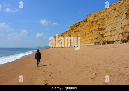 Frau von hinten, allein unter den Klippen von Hive Beach, Burton Bradstock, Dorset, England Stockfoto