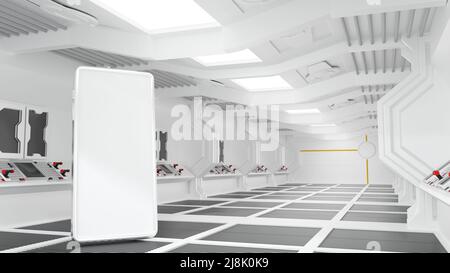 Smartphone im Raumschiff oder Raumstation Innenraum, Sci Fi Tunnel, Online-Markt Internet-Banking-Konzept, 3D Rendering. Stockfoto