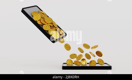 Mobile Banking-Konzept, Coin-Wechsel von Smartphone zu anderem Handy, Online-Geldtransfer-E-Wallet, 3D Rendering. Stockfoto